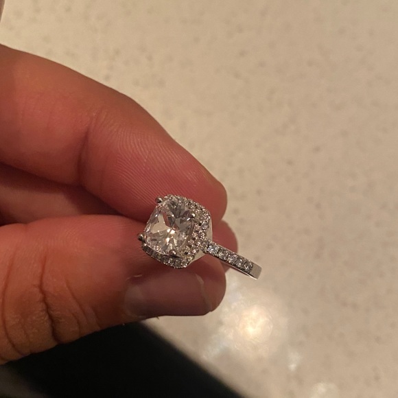 Halo Princess Cut Engagement Ring Stamped 925 Silver Partial Pave Band Two Sizes - Picture 5 of 15